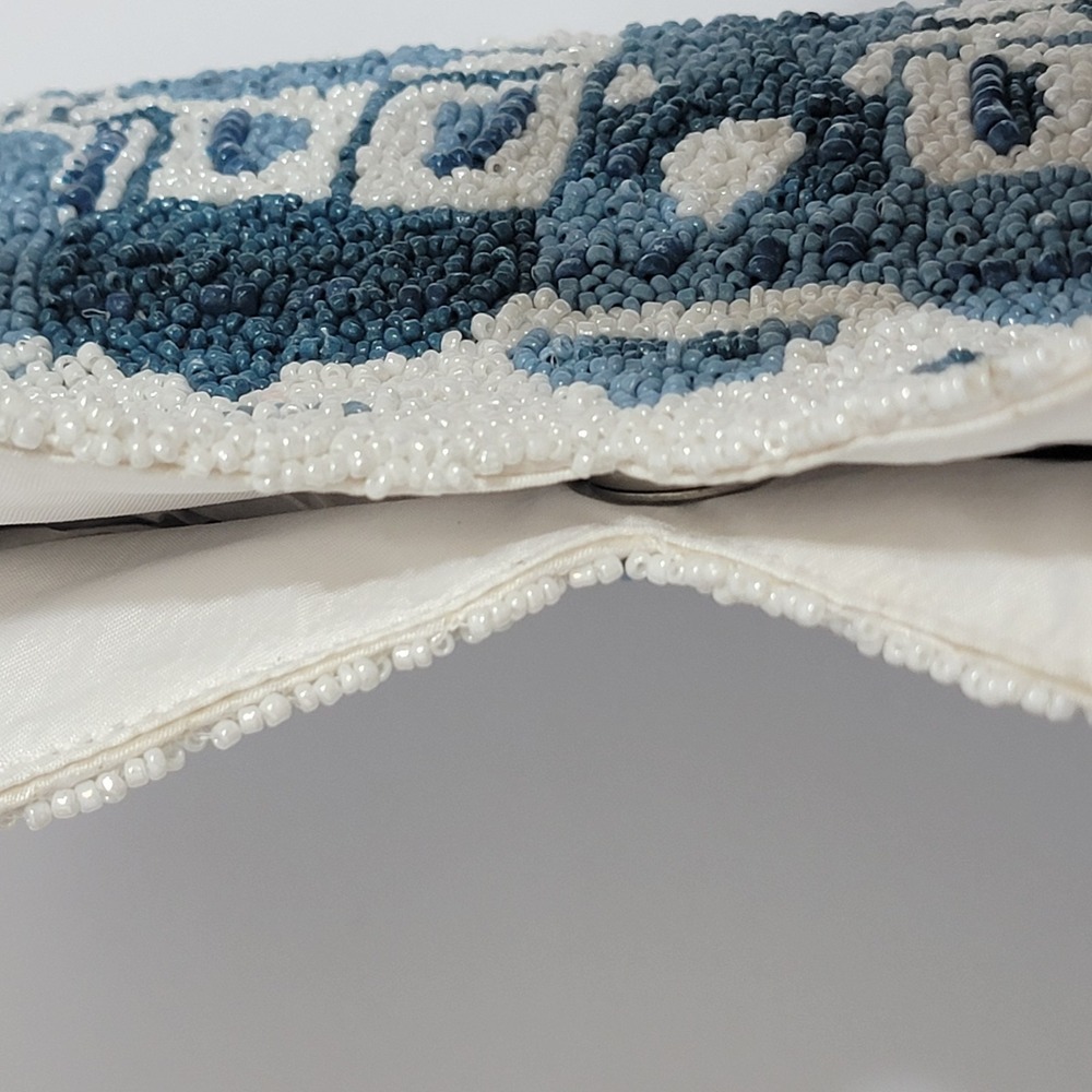 Viral Blue White Santorini Greece Beaded Bamboo Handle Bag Clutch Made India NWT - Picture 5 of 9